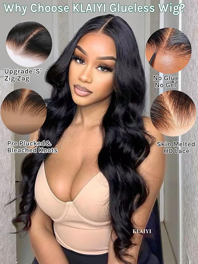 KLAIYI Wear And Go Glueless Wig Bye Bye Knots 13x4Precut Lace Front Wigs Human Hair Loose Body Wave Wig Pre Bleached Pre Everything Pre Plucked with Baby Hair 3S Ready to Wear Beginner Friendly 24Inch
