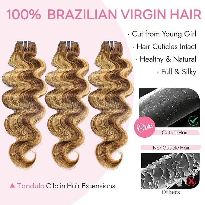 Clip in Hair Extensions Real Human Hair Body Wave #4/27 Chocolate Brown to Honey Blonde 100% Brazilian Remy Human Hair Extensions 8pcs Per Set with 18 Clips Double Weft 24 Inch 120g/3.6oz