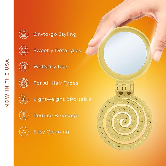 Mini Detangler Travel Hair Brush with Mirror, Makaron Brushes for Women, Men and Kids, Unique 3D Flexible Design for All Hair Types, Styling Accessory, Travel Essentials for Women. (FALL GREEN)