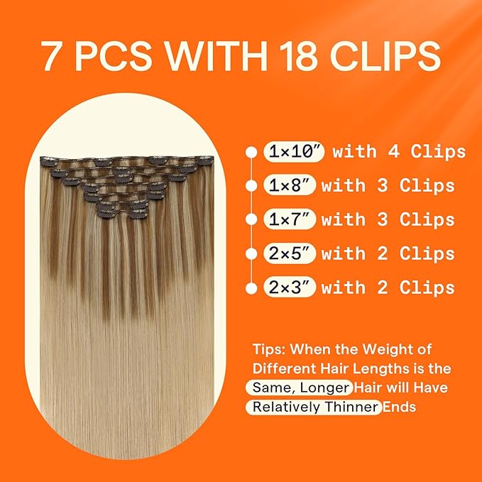 Full Shine Clip in Hair Extensions Human Hair Clip in Extensions Balayage Golden Brown to Golden Blonde Highlight Blonde Double Weft Invisible Straight Hair Extensions for Women 12 Inch 7 Pcs 95 G