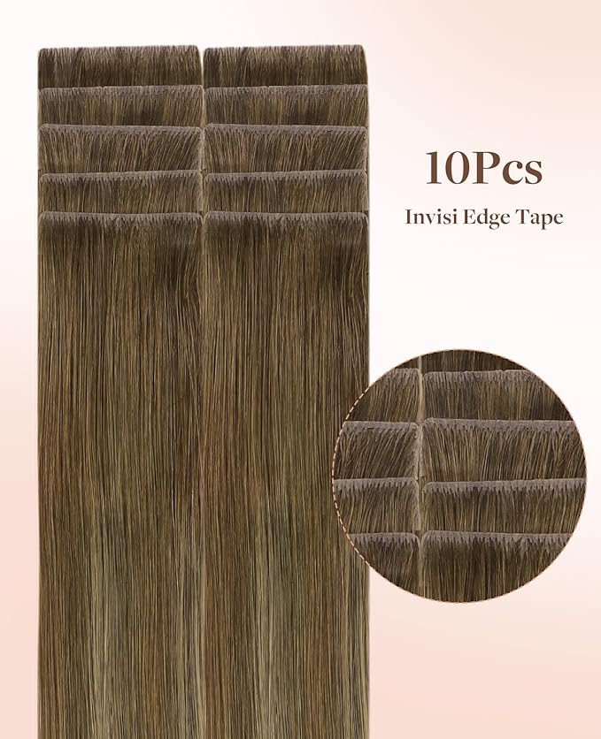 GOO GOO Invisi Edge Tape in Hair Extensions Human Hair, 3/8/613 Balayage Walnut Brown to Ash Brown and Bleach Blonde, 10pcs 20inch 30g, Virgin Remy Hair, Seamless Injected Tape, Natural Look