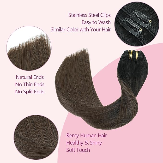 PINKPEARL Clip in Hair Extensions, 18 Inch 7pcs 120g #1BT4 Balayage Natural Black to Chocolate Brown, Hair Extensions Real Human Hair Clip Ins Natural Straight Hair for Women(#1BT4-18)