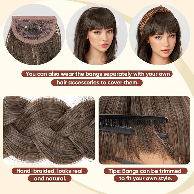 SARLA Braided Headband with 3 Detachable Clip in Bangs Fringe Hairpieces Fake Synthetic Hair Band Bangs for Women Tizian Red