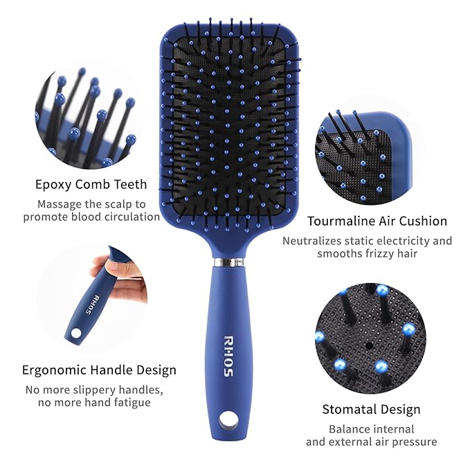 RHOS Paddle Hair Brush for Men-Detangler Brush with Nylon Bristles for Thin,Short,Thick Hairs-Square Cushion Hair Brush for Detangling,Smoothing,Massage(1 Pack-Blue)