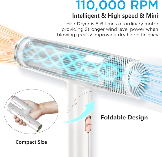 Hair Dryer, High-Speed Brushless Motor Ionic, Foldable and Portable 9Modes One Touch Switch with 1Diffuser, 1Nozzle and 1Concentrator Attachment for Home, Travel, White