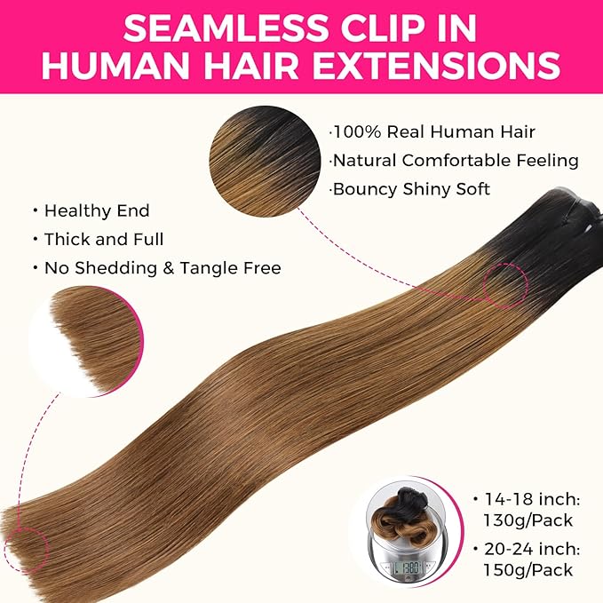 Lashey Seamless Clip in Hair Extensions Human Hair 150g 9pcs 22 Inch Ombre Natural Black to Medium Auburn Straight Clip in Hair Extensions for Women