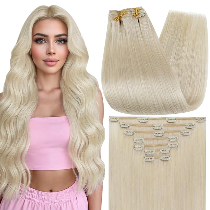 Full Shine Blonde Clip in Hair Extensions Real Human Hair 18 Inch Blonde Extensions Clip in for Party for Thinning Hair 120 G 7 Pcs