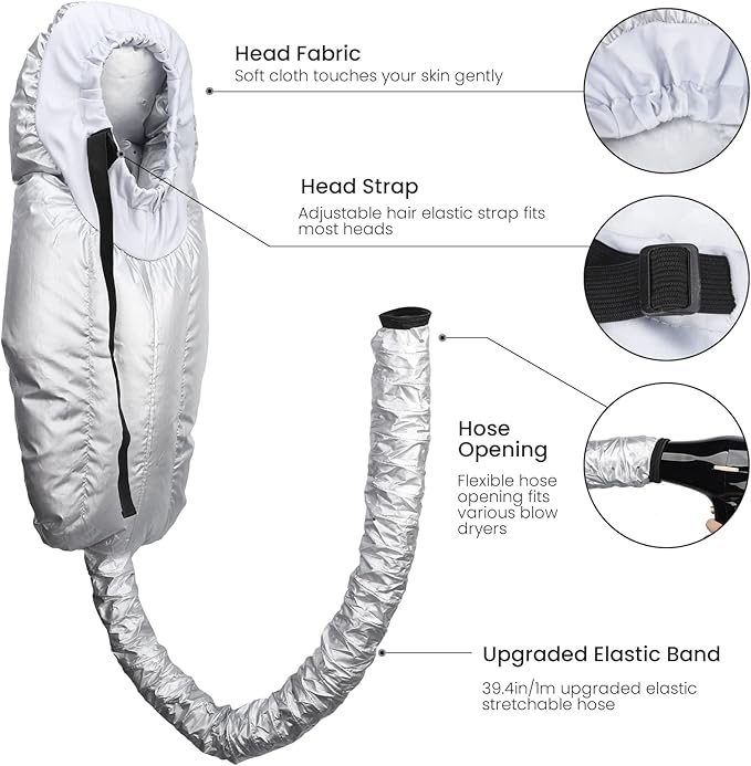 Segbeauty Bonnet Hooded Hair Dryer Attachment, Extra Large Upgraded Drying Heat Cap with Elastic Strap, Adjustable Deep Conditioning Cap for Natural Curly Textured Hair Care Styling Fast Drying Sliver