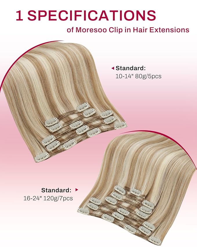 Moresoo Clip in Hair Extensions Real Human Hair Blonde with Brown Highlights Clip ins Human Hair Platinum Blonde with Medium Brown for Long And Straight 120g/7cps 22 inch