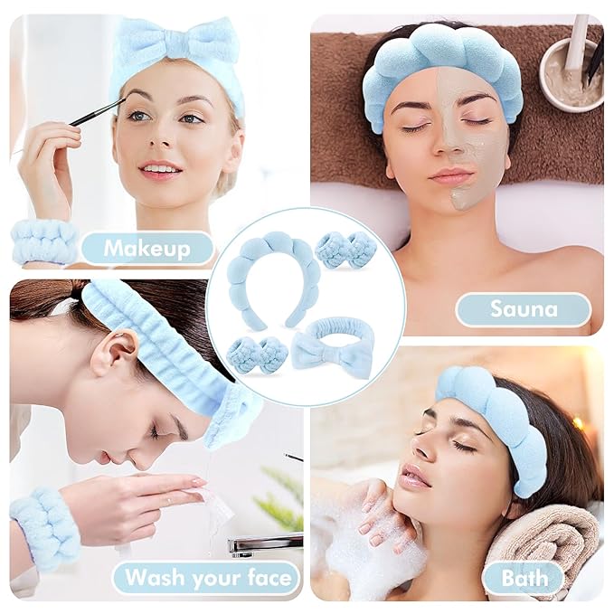 Zkptops 6Pcs Spa Headband for Washing Face Wristbands Set Women Bubble Skincare Makeup Sponge Blue Terry Cloth Padded Puffy Headband Bow Tie Hairband Cute Non Slip Thick Hair Accessory Gifts