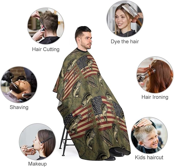 Extra Long Hair Styling Cape, Professional Hair Cutting Apron Hunting Camo Bass Fishing Camouflage American Flag Shampoo Cutting Household Capes Wrap for Hair Cutting Styling