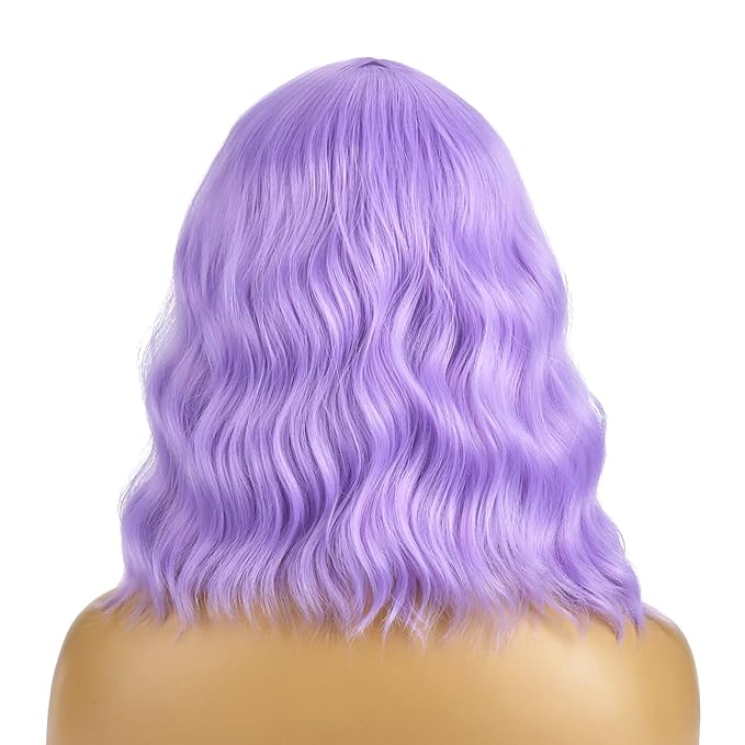 BERON 14 Inches Purple Wig Short Curly Wig Women Synthetic Wigs Lavender Purple Wigs with Bangs Hairnet Included