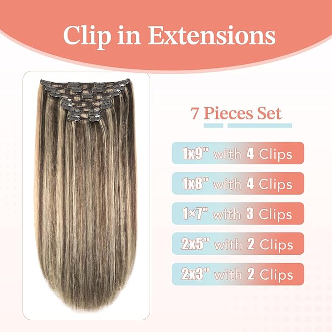 XDhair Clip in Hair Extensions Human Hair 140g 7pcs 14 Inch Chocolate Brown to Caramel Blond Clip in Real Hair Extensions #4p27/14 inch