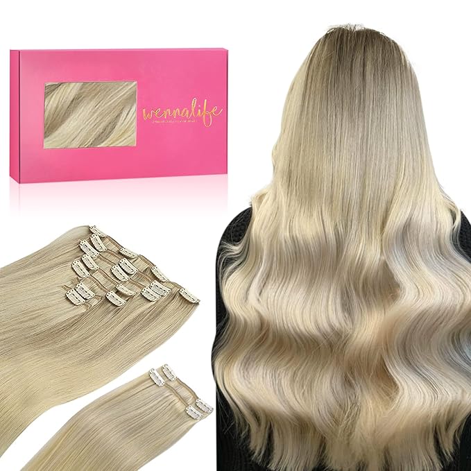 WENNALIFE Clip in Hair Extensions, 150g 14 Inch 9pcs Ash Blonde to Golden Blonde and Platinum Blonde Human Hair Extensions Thicker Clip in Hair Extensions Real Human Hair Clip Set Double Weft