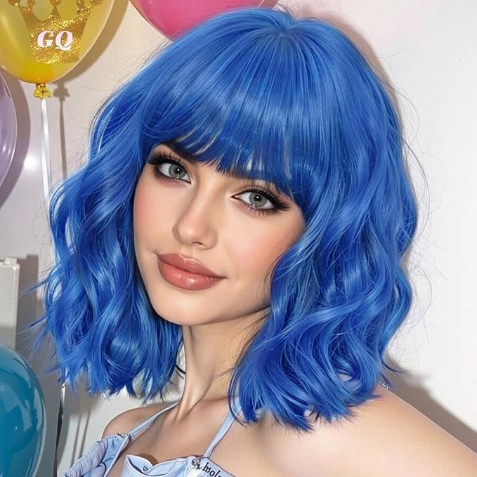 AISI HAIR Blue Synthetic Wavy Curly Bob Wig with Bangs Short Wavy Hair for Women Synthetic Heat Resistant Bob Wigs