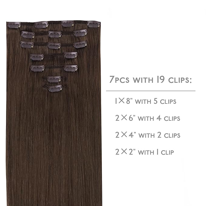 WENNALIFE Clip in Hair Extensions Real Human Hair, 18 Inch 120g 7pcs Human Hair Extensions Clip In Human Hair, Chocolate Brown Hair Extensions Clip In Real Hair Coloured Remy Human Hair Extensions