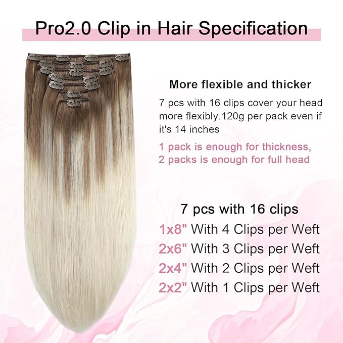 Pro2.0 Clip in Hair Extensions Real Human Hair 120g Thick 7pcs Color #8/60 Ash Brown to Platinum Blonde Remy Real Human Hair Extensions Clip ins 14inch Double Weft（#8/60-14inch）