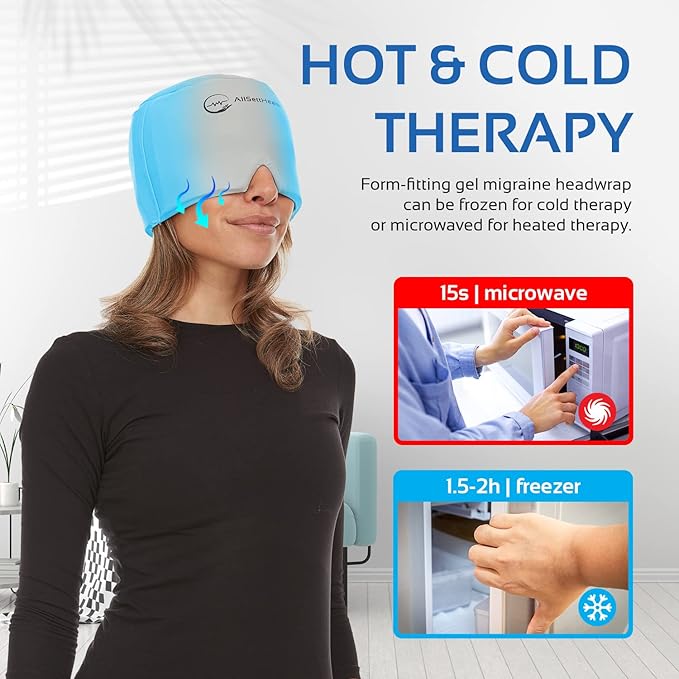 Migraine Relief Cap Ice Head Wrap Headache and Migraine Hat | Headache Relief with Hot/Cold Gel Head Ice Pack with Face and Eye Headache Mask Compress - Grey
