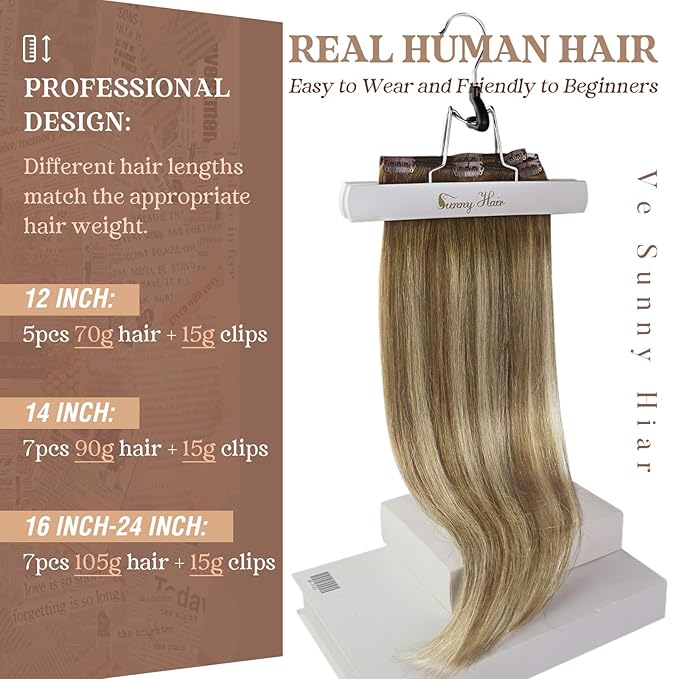Ve Sunny Clip in Hair Extensions Balayage Human Hair Clip in Extensions Ombre Chestnut Brown to Platinum Blonde Clip in Hair Extensions Real Human Hair for Holiday Party 120g 7pcs 16inch