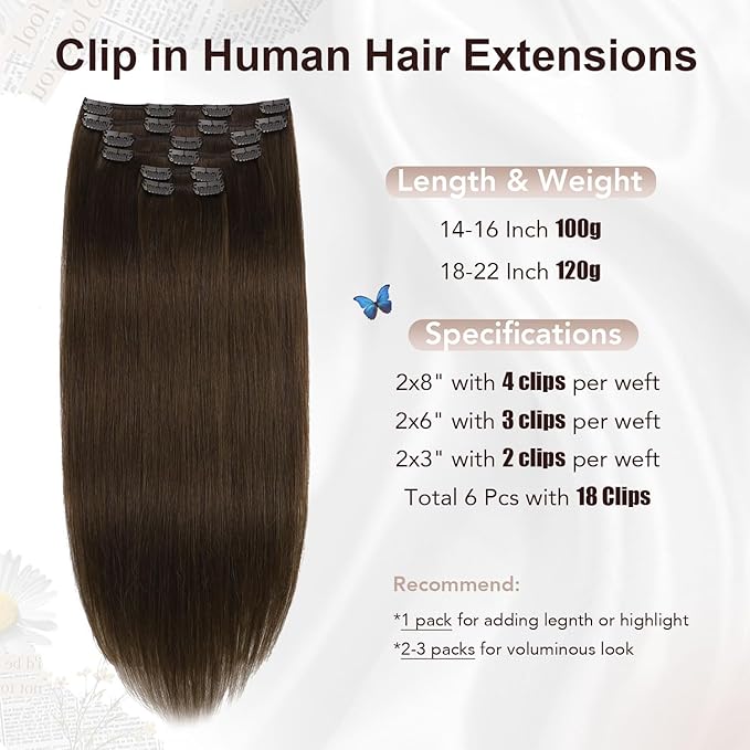 XDhair Clip in Hair Extensions Human Hair,100g 16 Inch Medium Brown Clip in Hair Extensions Real Human Hair for Women Silky Straight Real Hair 6pcs #4 16 Inch