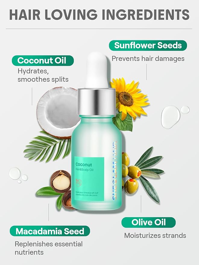 SHEGLAM Hair & Scalp Oil - 0.5 fl oz, Hydrating Serum, Macadamia & Grapeseed Oils, Soothes Dry Scalp, Balances Sebum, Adds Shine, For Sensitive Scalp & Dandruff (Coconut)