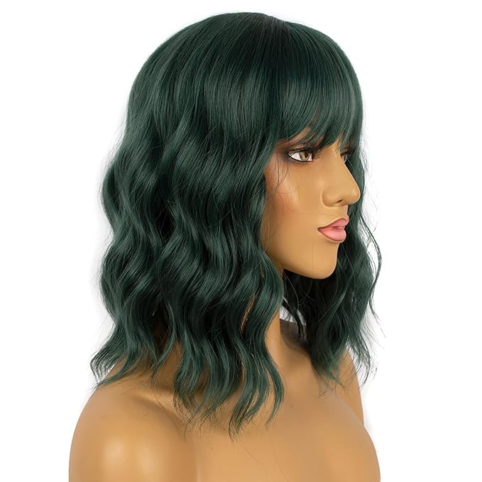 Dark Green Short Bob Wigs with Bangs for Women Loose Wavy Wig Curly Wavy Shoulder Length Bob Synthetic Cosplay Wig for Girl Colorful Costume Wigs