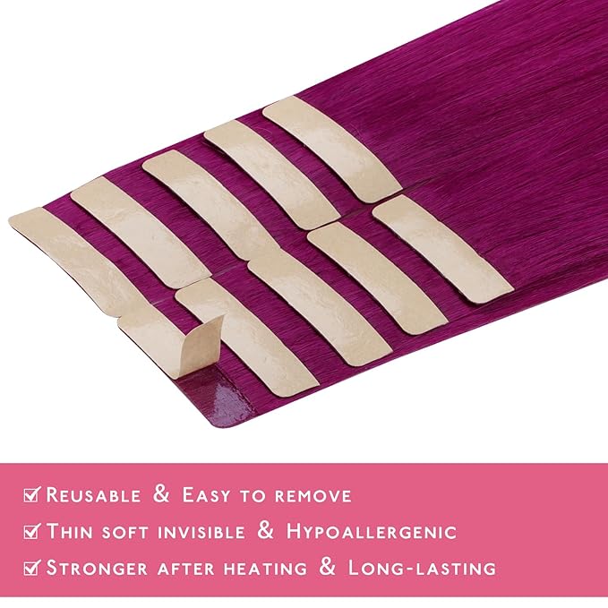WENNALIFE Tape in Hair Extensions Human Hair Violet Tape in Extensions, 10pcs 25g 14 inch Remy Invisible Tape Ins Straight Colored Soft Real Human Hair Tape in Extensions Refill Set Extensions