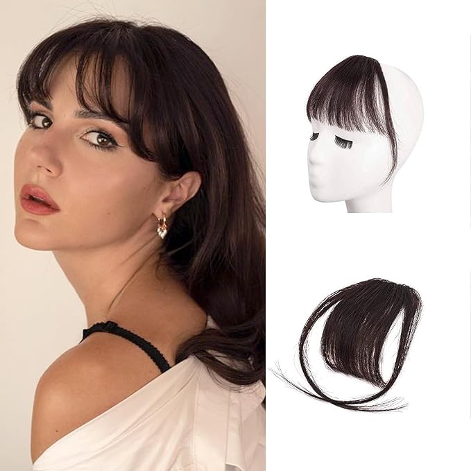BARSDAR Clip in Bangs Real Human Hair - Real Human Hair Clip in Bangs for Women - Dark Brown Wispy Bangs Extensions Fringe with Temples Real Hair Bangs Hairpieces - Dark Brown