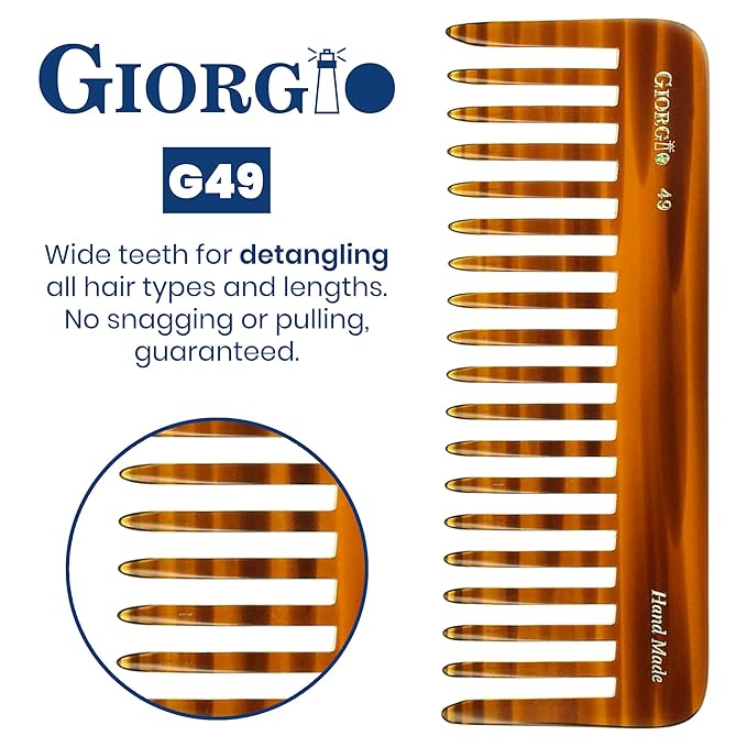 Giorgio G49 Large 5.75 Inch Detangling Comb, Wide Teeth for Thick Curly Wavy Hair. Long Hair Detangler Comb For Wet and Dry. Handmade of Quality Cellulose, Saw-Cut, Hand Polished, Tortoise Shell