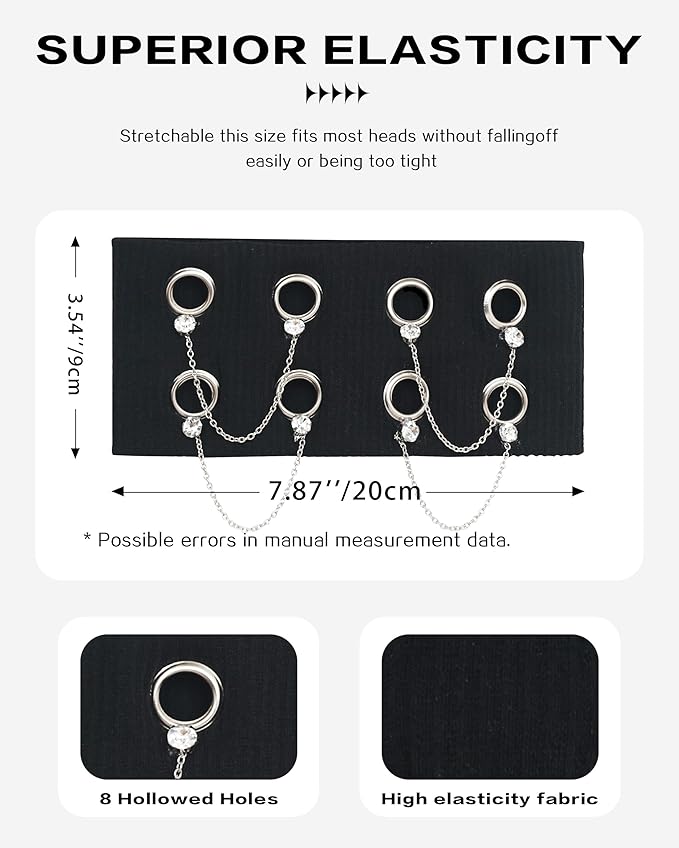 Grommet Headband for Women, Chain Black 20cm Hollow Out Elastic Hair Band, Eyelets Punk Grunge Stylish Hairband
