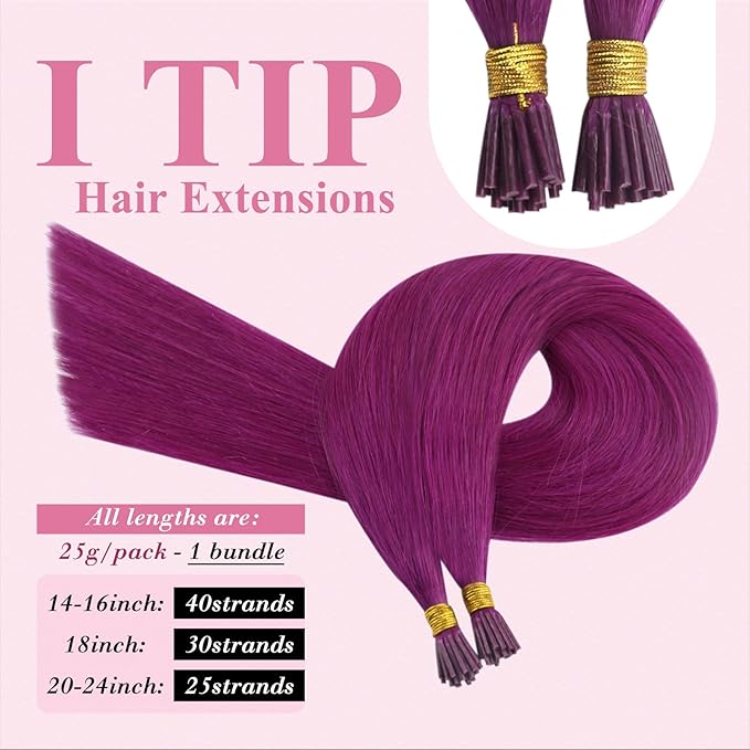 YoungSee Purple I Tip Hair Extensions 16 inch I Tip Hair Extension Human Hair 25g Pre Bonded 40 Strands Itip Hair Extensions Real Human Hair Silky Purple for DIY