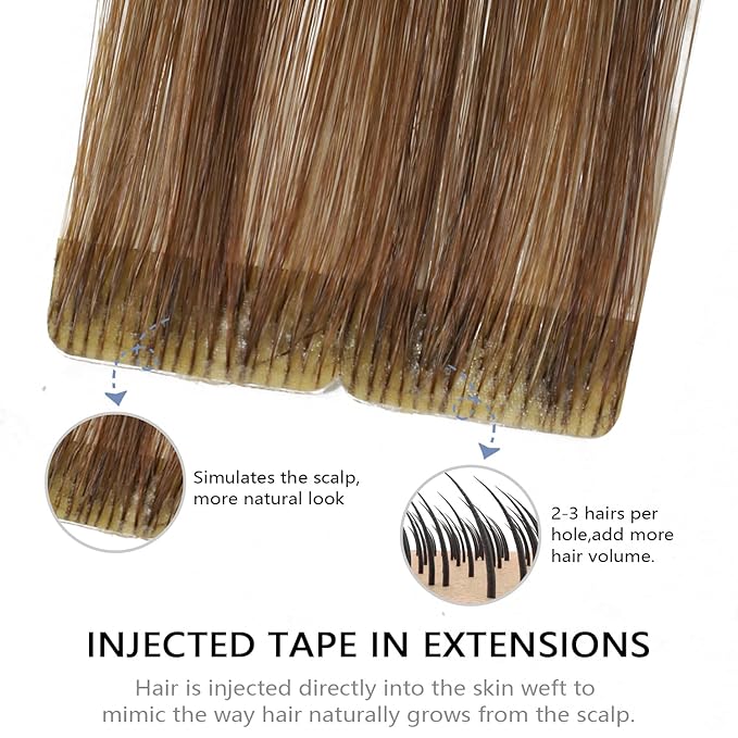 COOKAYU Invisible Tape in Hair Extensions, Injected Tape Hair Extensions Medium Brown to Caramel Blonde 50g 20pcs 22Inch Seamless Tape in Human Hair Extensions Straight