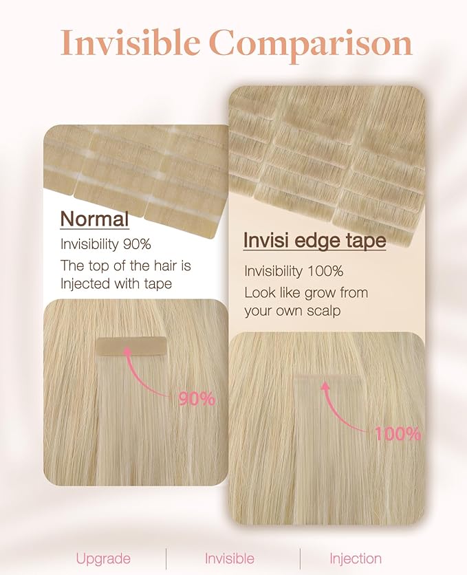 GOO GOO Invisi Edge Tape in Hair Extensions Human Hair, 18ET90A Natural Blonde Balayage, 6pcs 10inch 15g, Virgin Remy Hair, Seamless Injected Tape, Natural Look