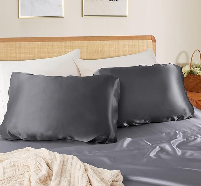 SiinvdaBZX Dark Grey Satin Pillowcase Standard/Queen Size Set of 2, Silky Travel Elastic Band Satin Pillow Case for Hair and Skin, Soft Portable & Fit for Various Pillow