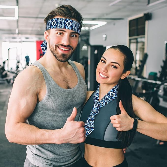 Men's Women Fashion Sports Sweatband Hand Decor for Running Fitness Spa, Long Multifunction Blue Geometric Tribal Navajo Aztec Ethnic Head Ribbon Headwear