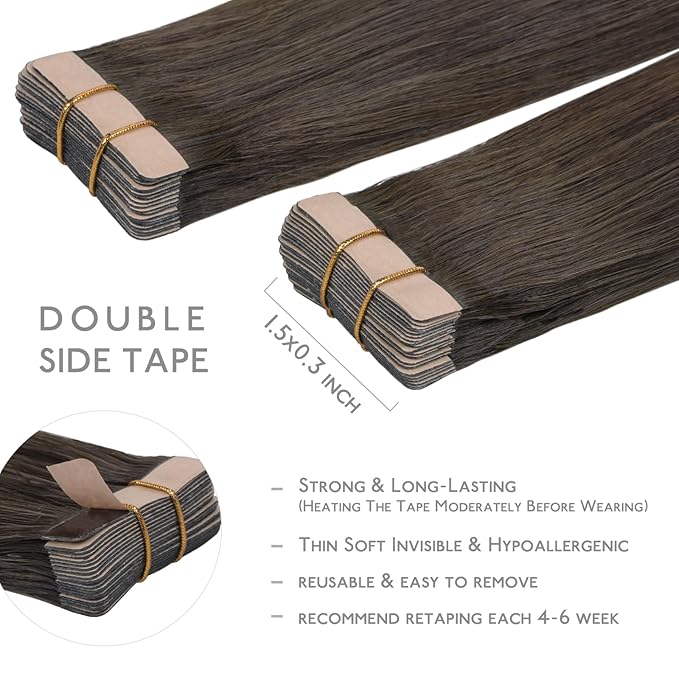 WENNALIFE Tape in Hair Extensions Human Hair, 20pcs 50g 18 inch Cool Dark Brown Remy Hair Extensions Straight Human Hair Tape in Extensions Skin Weft Tape Extensions
