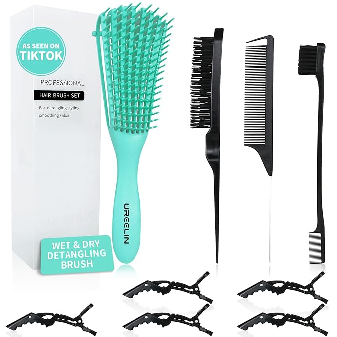 Detangling Brush Set: Ergonomic Edge & Back Brush, Rat Tail Comb, Alligator Clips for 3a to 4c Textured, Kinky, Wavy, Coily, Wet, Dry, Oily, Thick or Long Hair (Green)