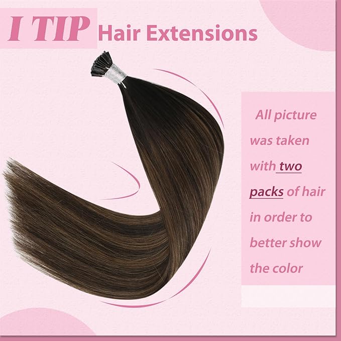 YoungSee I Tip Hair Extensions Brown Balayage Itip Human Hair Extensions Ombre Dark Brown Itip Hair Extension Real Human Hair 22Inch Ombre Natural Hair Extension for Adding Length 50g 50s