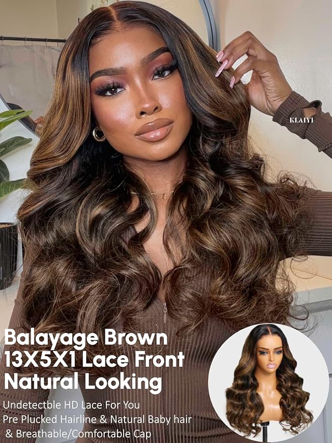 KLAIYI Ombre Brown Body Wave Lace Front Wigs Human Hair Highlight Balayage 13x4x1 T Part Ear to Ear Lace Wig Pre Plucked with Baby Hair Easy to Wear and Go Wigs for Black Women Natural Hairline 24Inch
