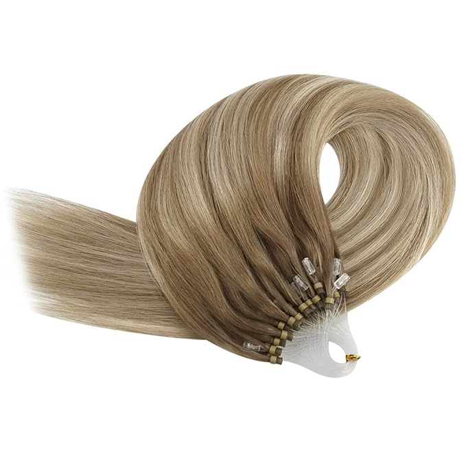 YoungSee Micro Link Hair Extensions Human Hair Ombre Microloop Hair Extensions Human Hair Balayage Light Brown with Blonde Beaded Hair Extension Cold Fusion for Long Hair 24 Inch 50s 50g