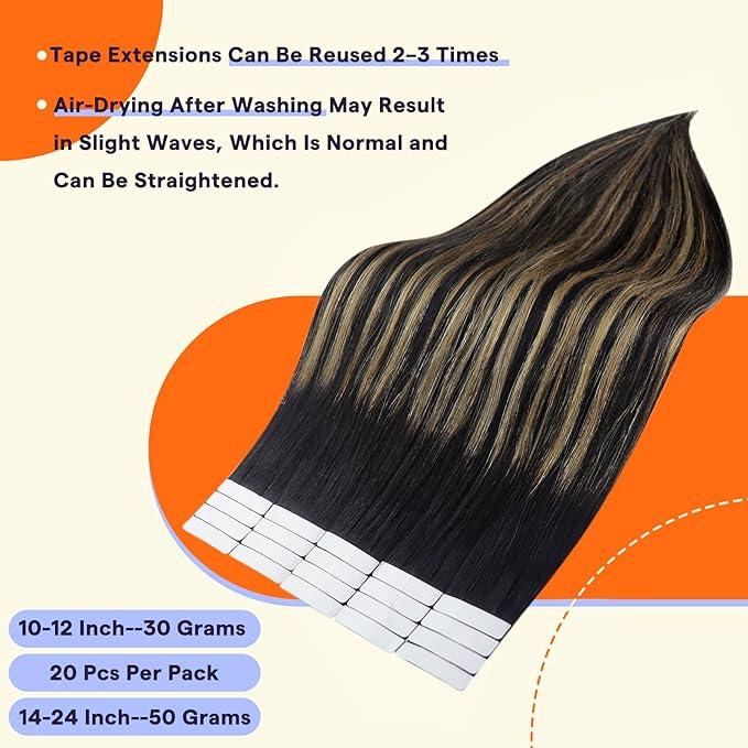 Full Shine Tape in Extensions Color 1B/27/1B Black with Blonde Human Hair Extensions Tape Ins 18 Inch Ombre Remy Extensions 20PCS Seamless Tape Hair Extensions Real Human Hair 50g for Party