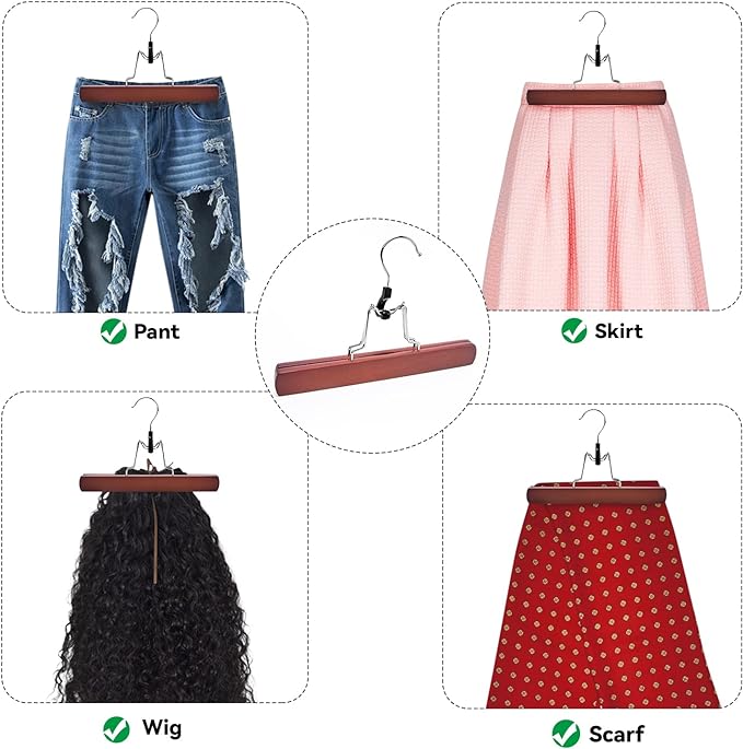 Nature Smile Wooden Pants Skirt Hangers, Smooth Finish Solid Wood Non Slip Jeans Slack Clamp Hangers Hair Extension Hangers (10 Pack Cherry)…