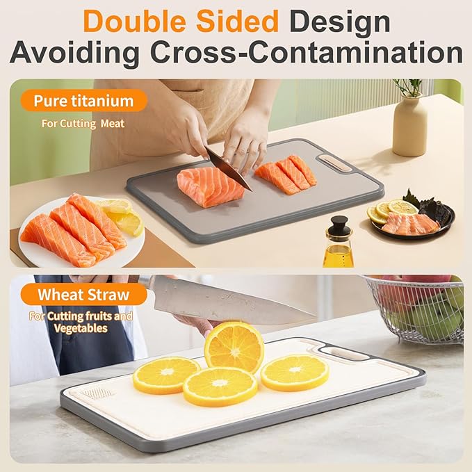 Titanium cutting boards for Kitchen,Double Sided Food Grade,Pure Titanium and Wheat Straw PP, Double Chopping Boards for Meat and Fruits Easy to Clean Size 15’’x10’’