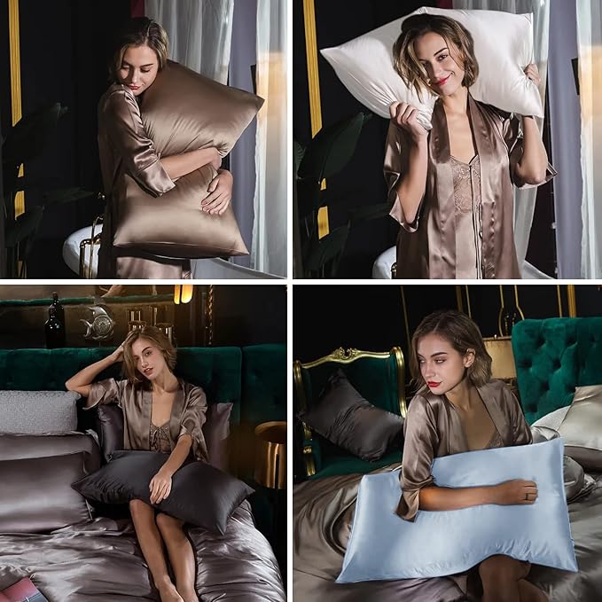 Silk Pillow Cases 2 Pack, Mulberry Silk Pillowcases Standard Set of 2, Soft, Smooth, Anti Acne, Beauty Sleep, Both Sides Natural Silk Satin Pillow Cases for Women 2 Pack with Zipper for Gift, Ash Blue