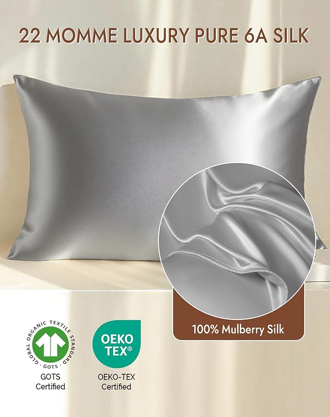 SilkSilky 100% Mulberry Silk Pillowcase - Pure 22 Momme High-Grade 6A Fibers for Hair & Skin, Envelope Closure, Natural, Organic, Breathable & Cooling Pillow Case (Queen, Silver)