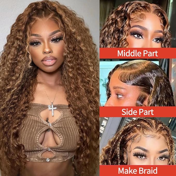 Highlight Ombre 13x6 Lace Front Wig Human Hair Deep Wave Honey Blonde Glueless HD Transparent Lace Frontal Wigs for Women 180 Density Human Hair (highlight ombre deep wave, 28 inch)