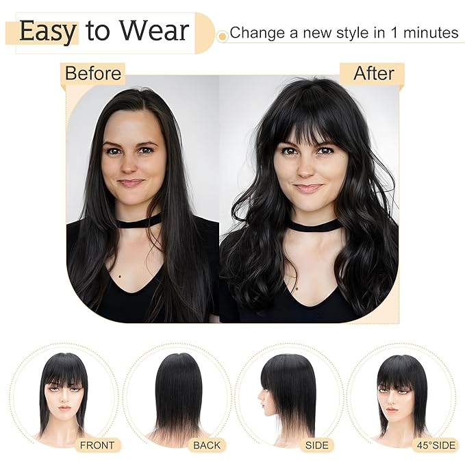 SEGO Hair Toppers for Women Real Human Hair With Bangs, 7 * 13CM Silk Base 100% Remy Human Hair Clip in Top Wiglet Hairpieces Add Volume -6 Inch Jet Black