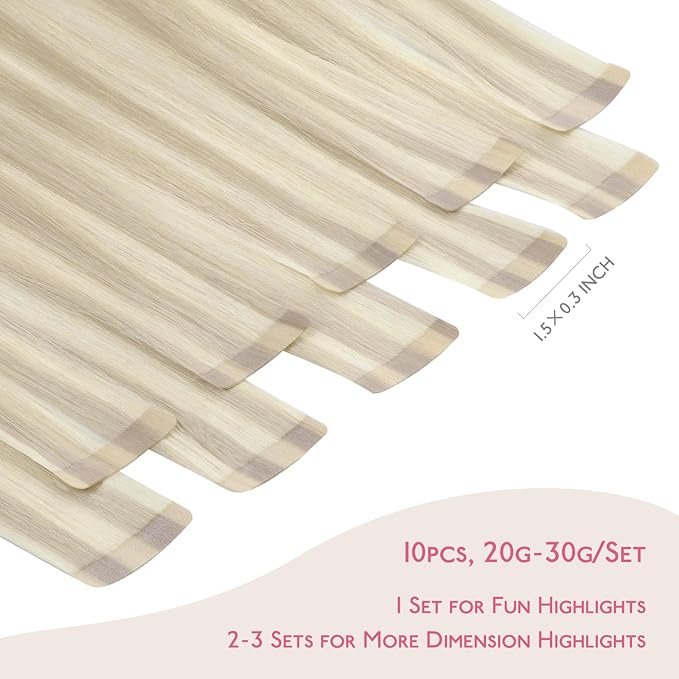 Wennalife Tape in Hair Extensions Human Hair Ash Blonde Highlighted Platinum Blonde Tape in Extensions, 10pcs 20g 10 inch Remy Invisible Tape Ins Straight Soft Real Human Hair Tape in Extensions
