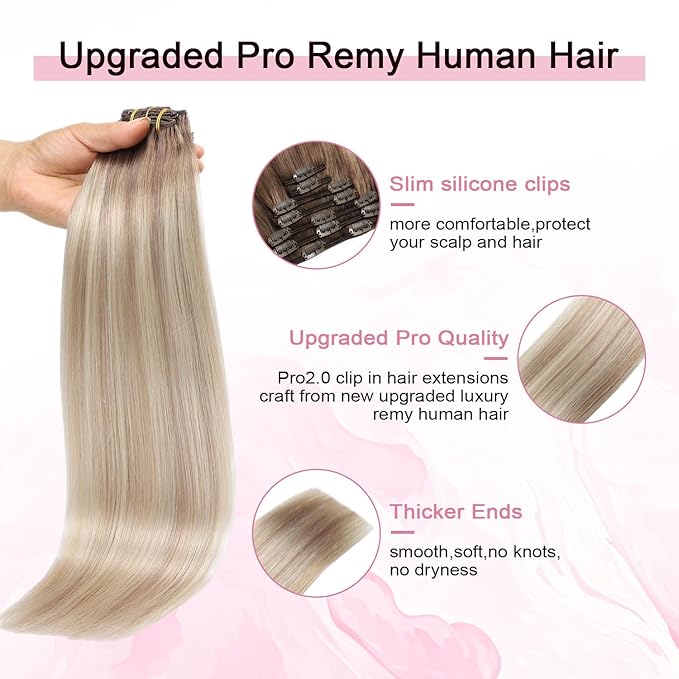 Pro2.0 Clip in Hair Extensions Real Human Hair 120g Thick 7pcs #8/60/18 Ash Brown to Ash Blonde Mix Platinum Remy Real Human Hair Extensions Clip ins 14inch Double Weft（#8/60/18-14inch）