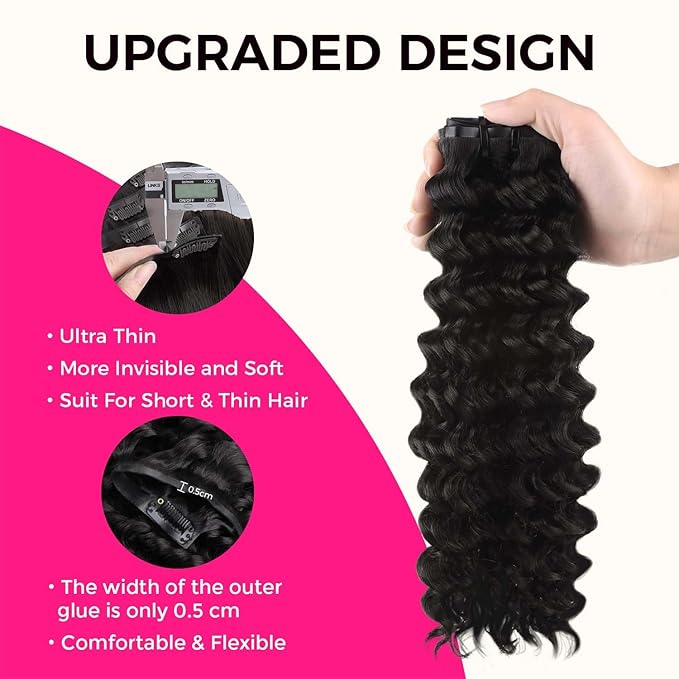 Lashey Clip in Hair Extensions 110g 7pcs Deep Wave Seamless Clip in Hair Extensions Human Hair 14 Inch Natual Black Thick Human Hair Clip ins Extensions for Women